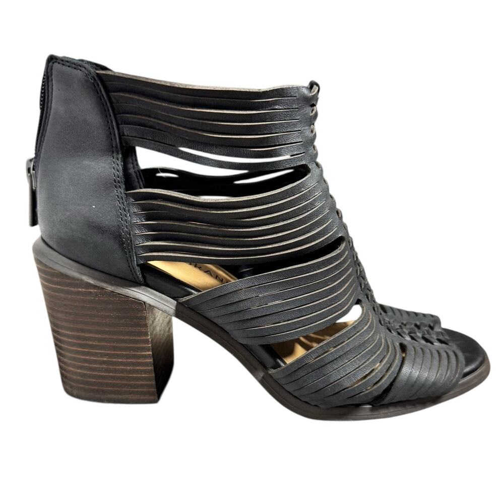 Lucky Brand Darvie Strappy Open‎ Toe Block Heel Sandal Women 8 Black Leather Zip